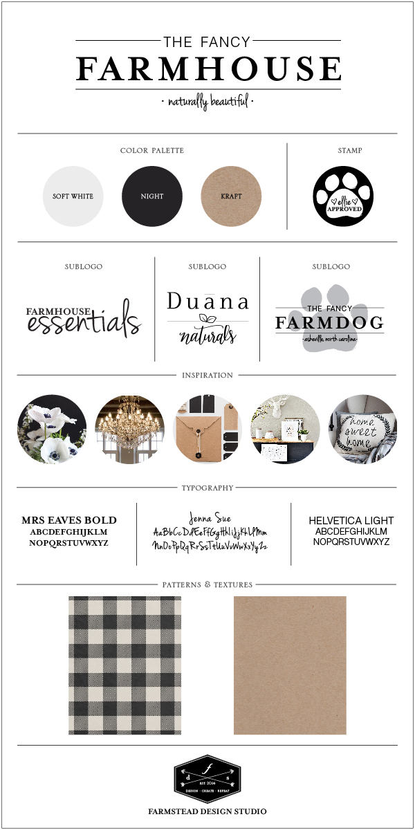 Simple and clean farmhouse branding style guide and logo for all natural skincare line by Farmstead Design Studio - www.homeonthefarmstead.com - farmhouse logo graphic design brand style guide rustic glam white black kraft 