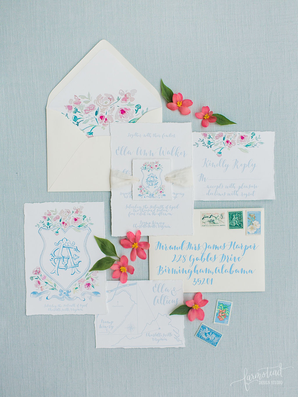 Custom watercolor calligraphy + crest wedding invitation suite Farmstead Design Studio - Rachel May Photography