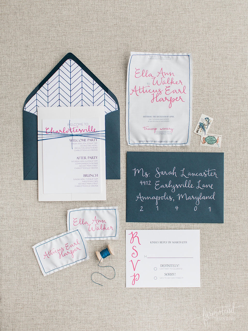Custom calligraphy fabric wedding invitation suite Farmstead Design Studio - Rachel May Photography