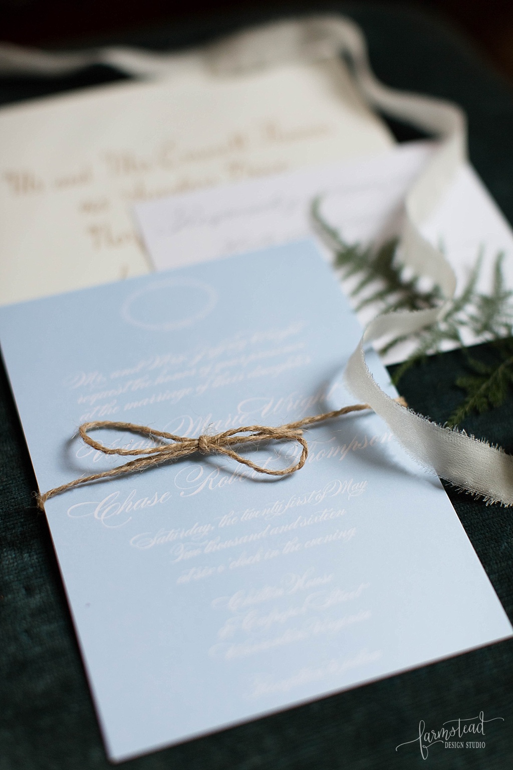 Blue + gold wedding invitation suite with gold calligraphy at historic home in Virginia for 1940's vintage wedding inspiration styled shoot by Farmstead Design Studio - www.homeonthefarmstead.com - Candice Adelle Photography