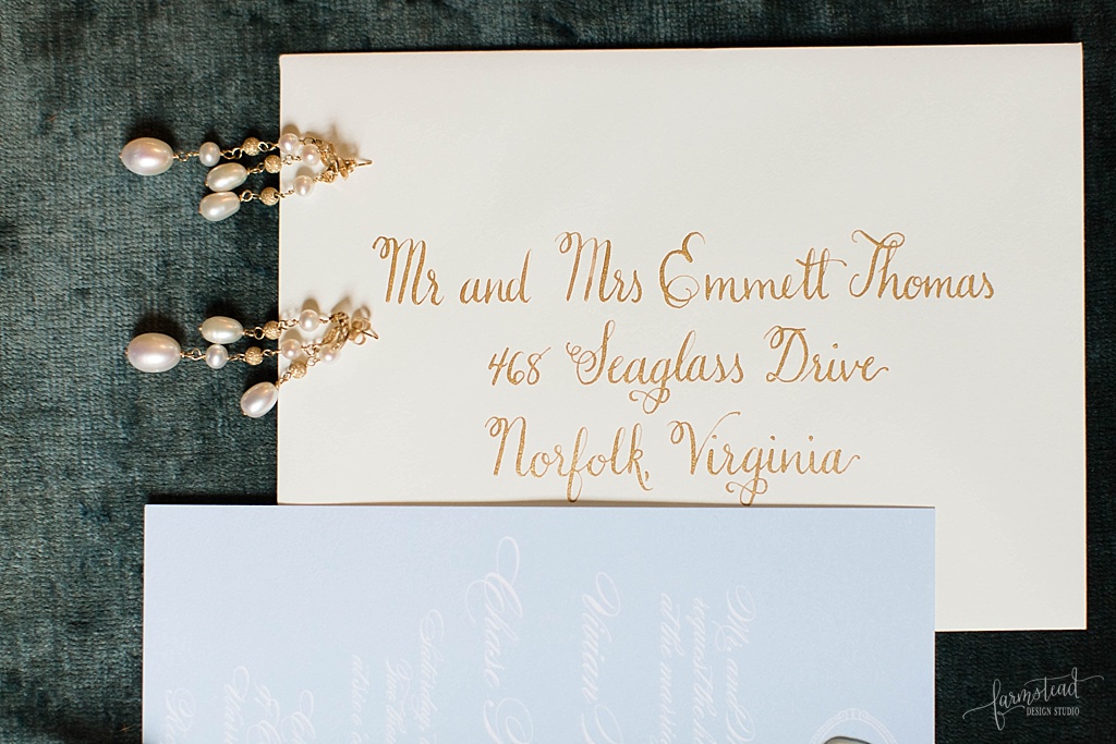 Blue + gold wedding invitation suite with gold calligraphy at historic home in Virginia for 1940's vintage wedding inspiration styled shoot by Farmstead Design Studio - www.homeonthefarmstead.com - Candice Adelle Photography