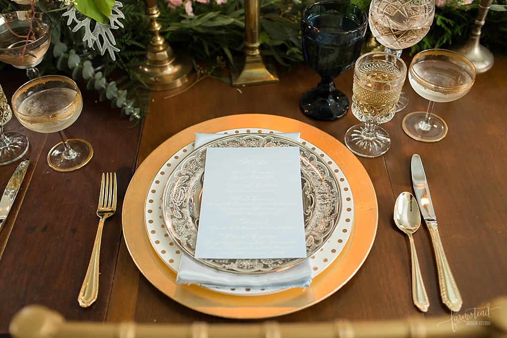 Blue + gold wedding table with classic blue menus at historic home in Virginia for 1940's vintage wedding inspiration styled shoot by Farmstead Design Studio - www.homeonthefarmstead.com - Candice Adelle Photography
