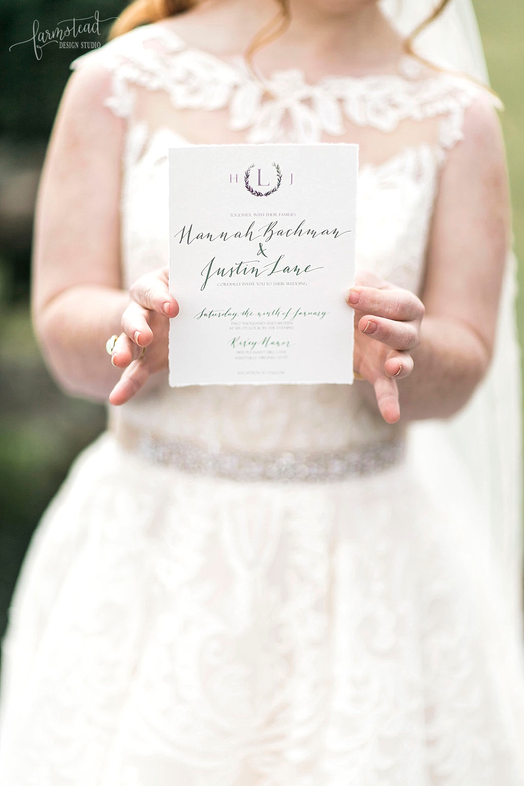 Green watercolor monogram crest, leaves and calligraphy wedding invitation suite by Farmstead Design Studio featuring Madeline Stuart Charlottesville Wedding Styled Shoot - www.homeonthefarmstead.com - calligraphy Simply Handwritten by Anna - Lieb Photographic